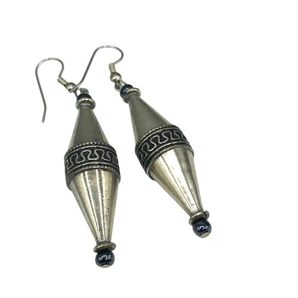 Vintage Indian Silver Etruscan Style Earrings with Bicone Dangle and Hematite - Picture 3 of 4